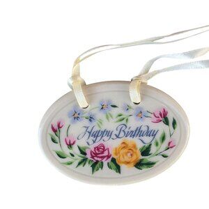 Longaberger Basket Tie On Happy Birthday Floral Ceramic Ornament Made In USA